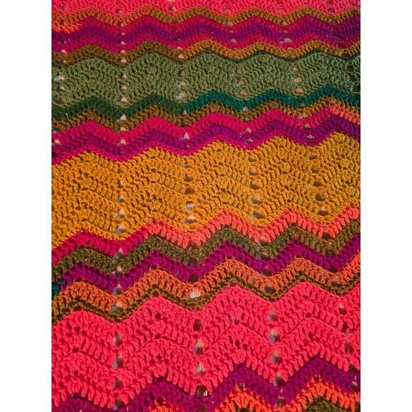Vintage Handmade Colorful Neon Zigzag Chevron Throw Blanket Festival Crochet - Picture 4 of 8